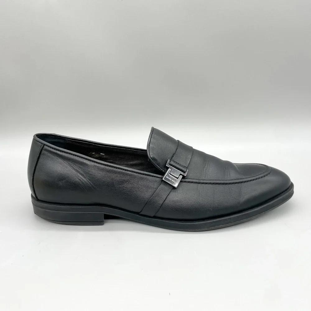 Bruno Magli Mens 12 Pablo Buckle Loafers Black Leather Apron Toe Shoes Preppy